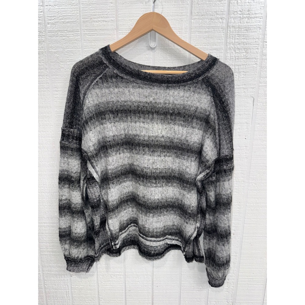 Umgee Ribbed Knit Sweater Women Grey Black Ombre Stripe Slouchy Raw Hem NWT S